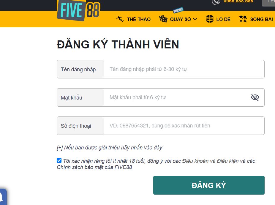 Đăng ký thành viên ở Five88 thật dễ dàng