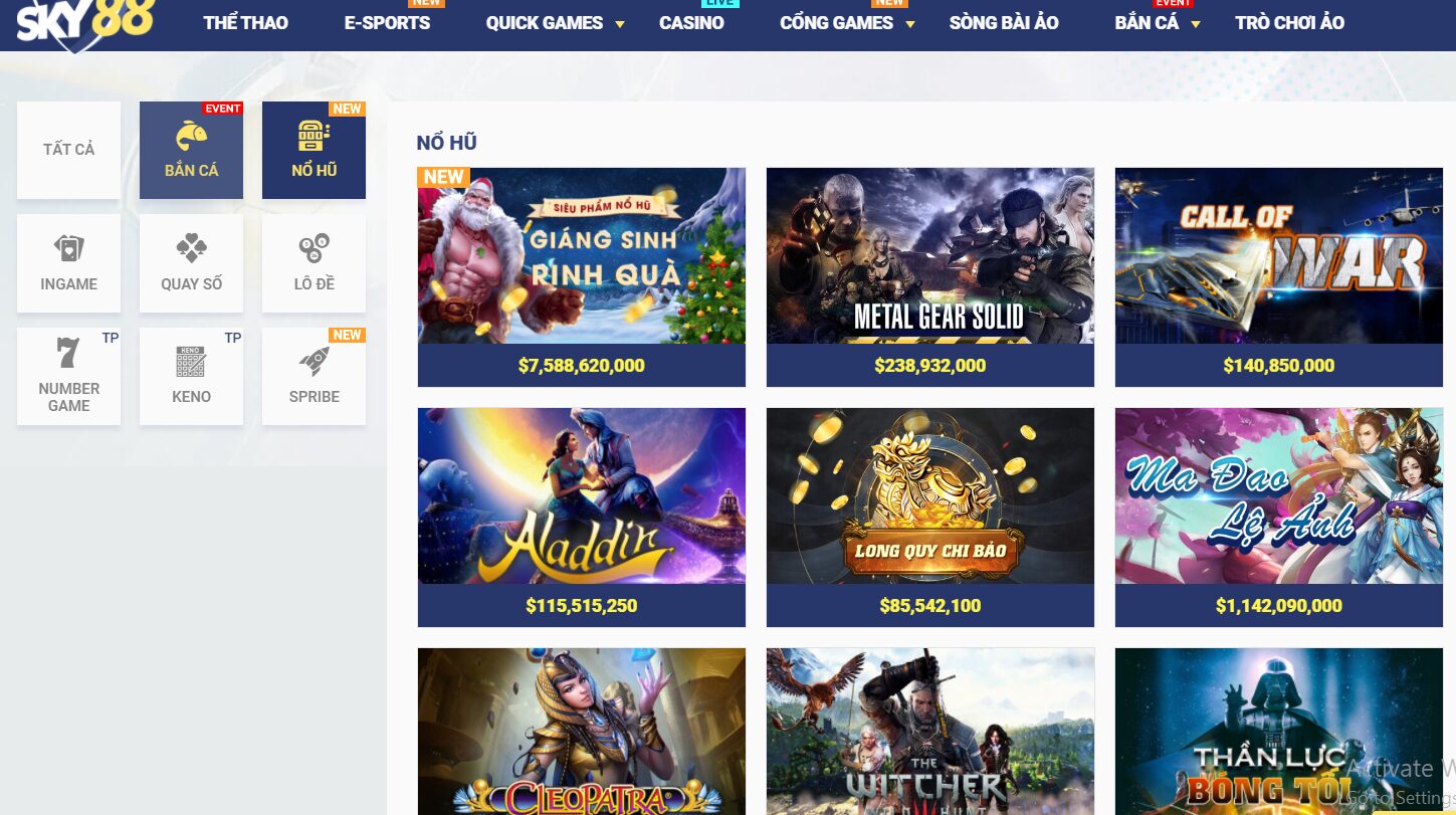 Một số thể loại game slot Sky88 và giao diện hoành tráng